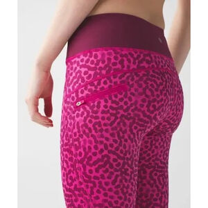 LULULEMON Run: Top Speed Crop Pant Pink Burgundy Leopard Print Capris Size 4